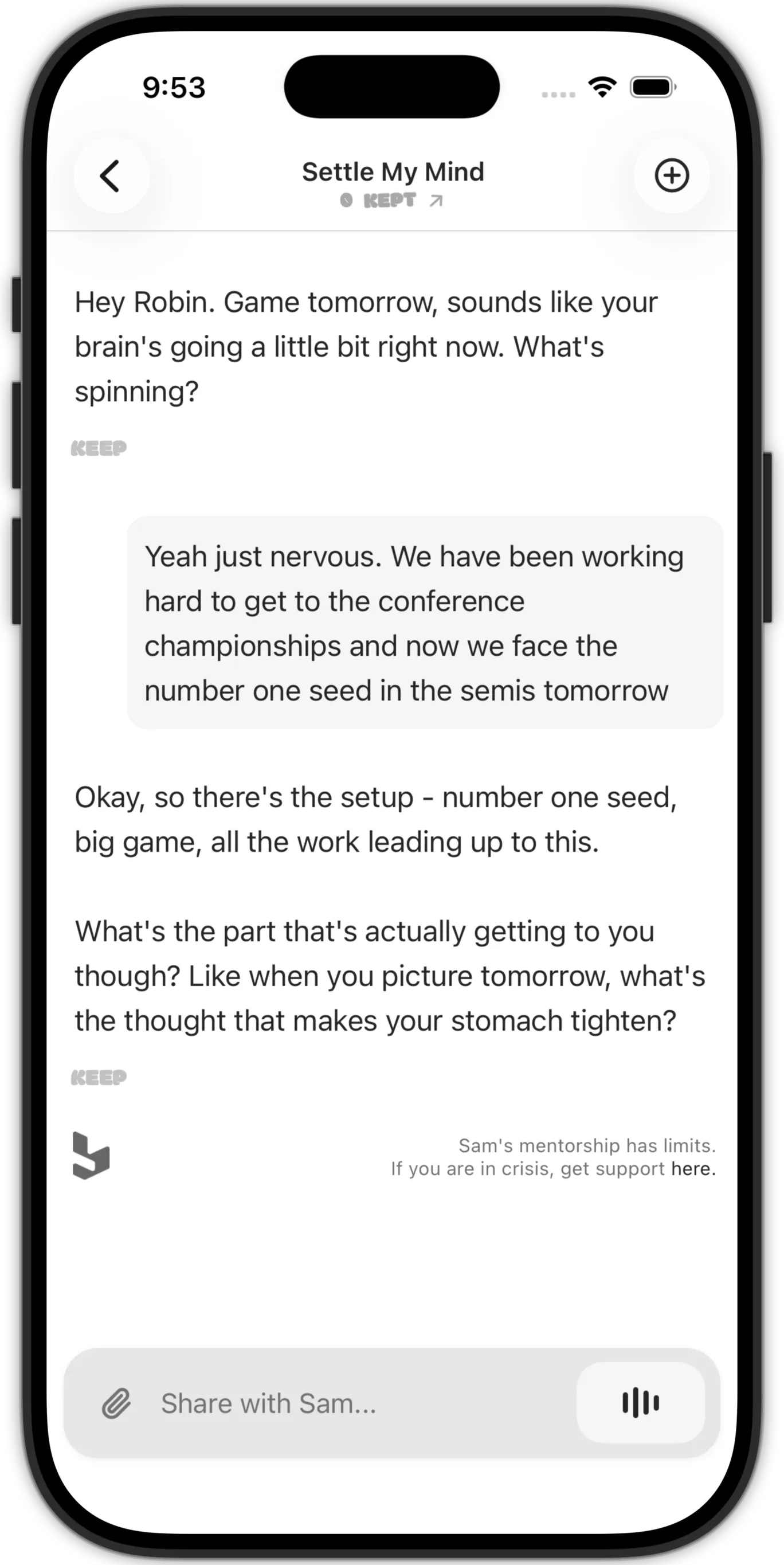 Sam, an AI mentor conversation on iPhone